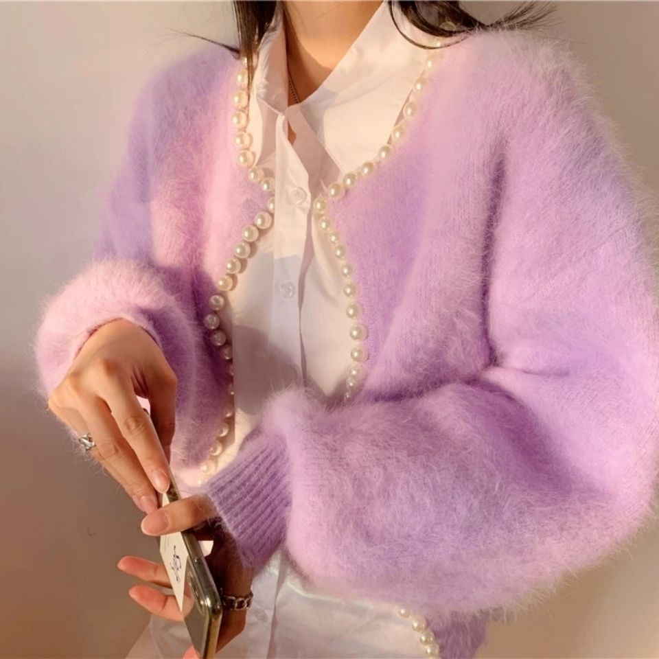 Áo Khoác Cardigan Len Dáng Rộng Màu Trơn Đính Ngọc Trai Phong Cách Thời Trang Hàn Quốc