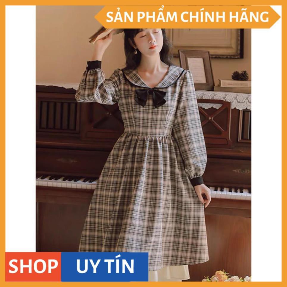 Đầm xòe caro tay dài, cổ nơ kiểu tiểu thư xinh yêu dễ thương, dự tiệc cưới đi chơi bao đẹp, hàng cao cấp tại VADA - V08 | BigBuy360 - bigbuy360.vn