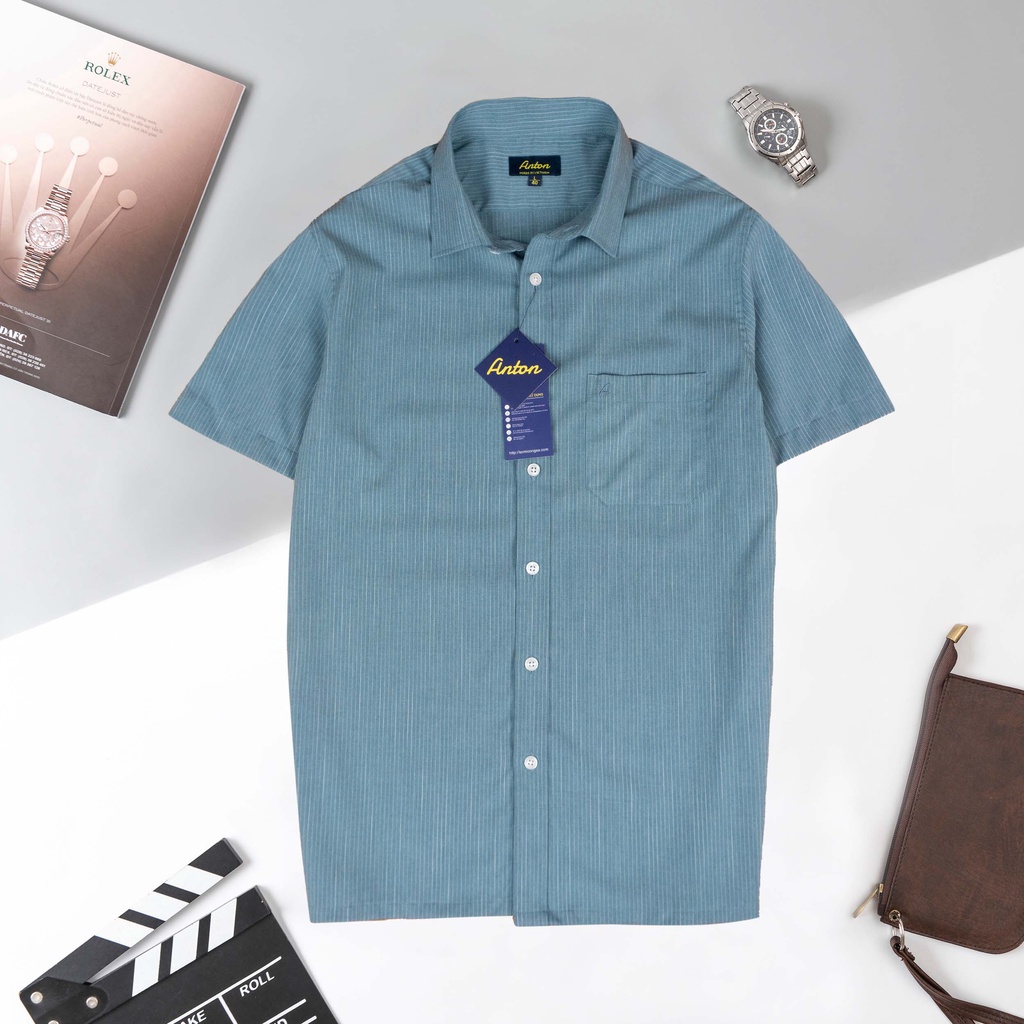 Áo Sơ Mi Nam Công Sở Trung Niên Anton Somianton Màu Xanh Lục Kẻ Sọc Trắng Ngắn Tay Bamboo Chun - XNC141