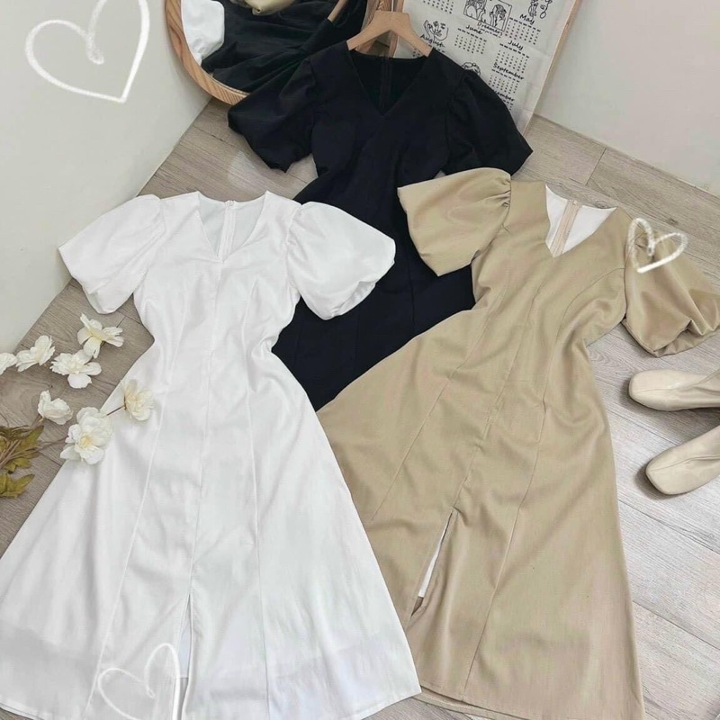 Đầm Midi cổ V tay bồng xẻ 3 màu (Ảnh thật/Video)