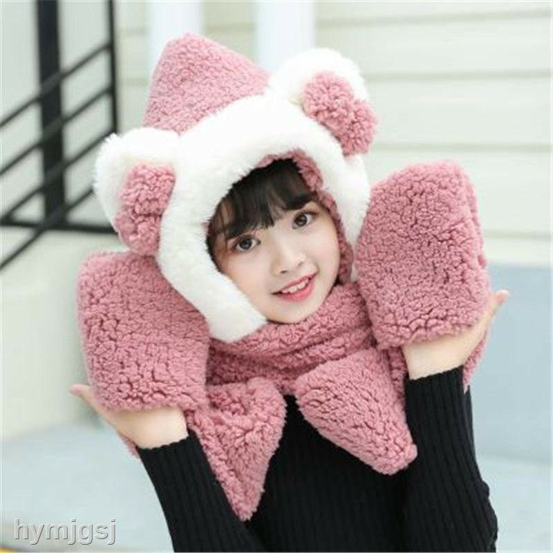 Mũ len gấu khăn quấn cổ kèm bao tayGIADUNGTONGKHO1Set mũ tai gấu ấm áp dễ thương mùa đông cho bé, Mũ len vải bông dày