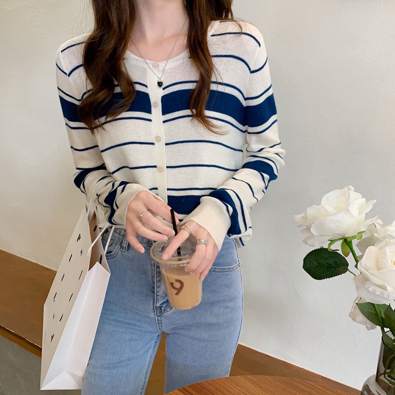 Áo Khoác Cardigan Dệt Kim Tay Dài Họa Tiết Kẻ Sọc Thời Trang Hàn Quốc Cho Nữ