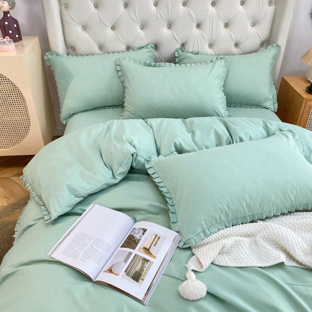 Bộ Chăn Ga Gối Cotton Tici Bèo Lidaco Cao Cấp - Xanh Ngọc