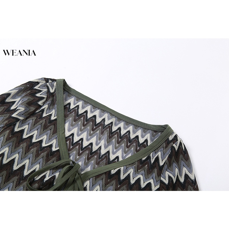 Áo Thun Dệt Kim Tay Dài Kẻ Sọc Cột Dây Thời Trang Cho Nữ