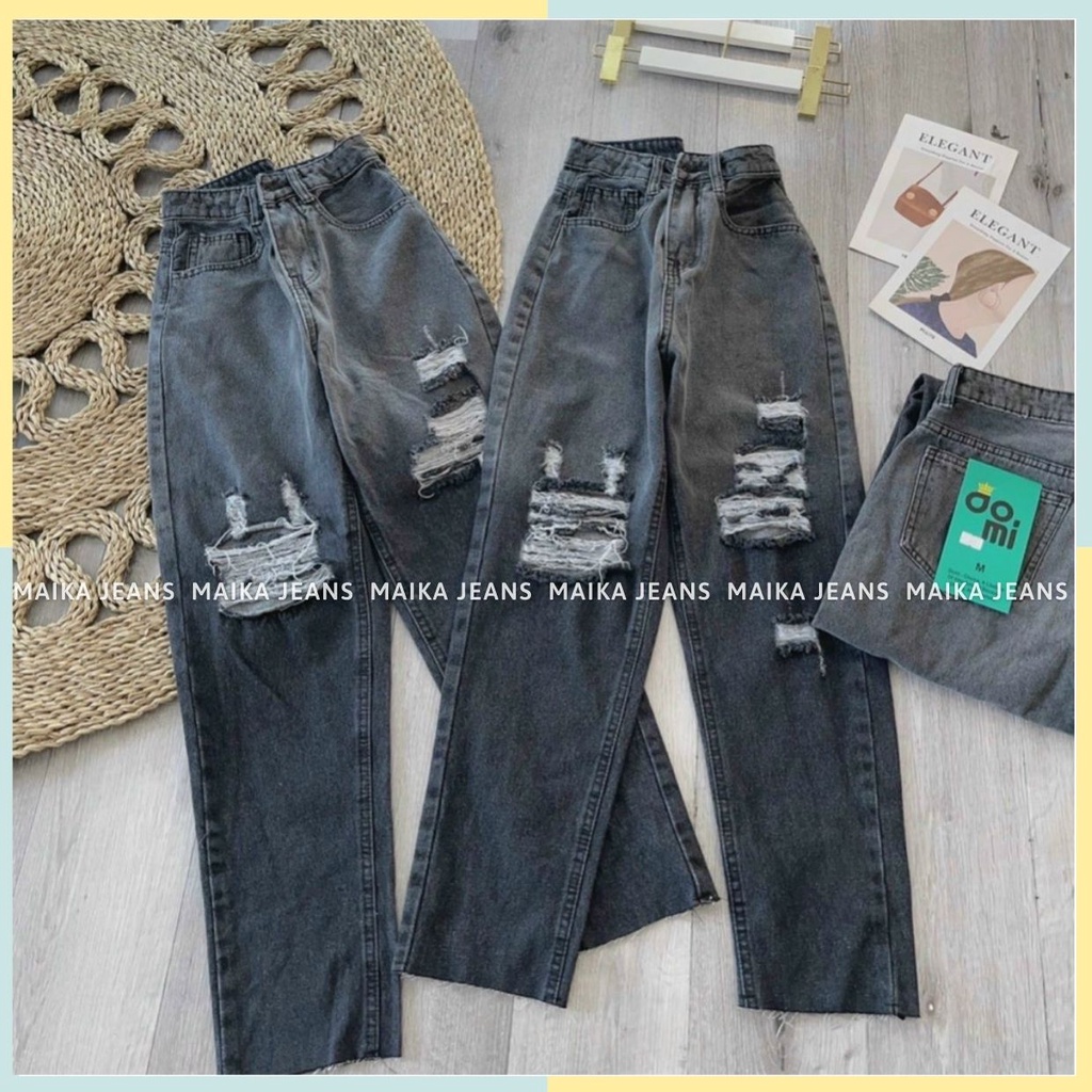 (Hottrend) Quần Jeans  Baggy Rách  Đen Loang  Nữ Lưng Cao Tôn Dáng Shop MaiKa Jeans [Hình tự chụp ]