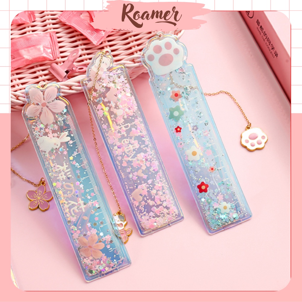 Thước kẻ dẻo kèm dây họa tiết cao cấp lấp lánh Roamer có thể làm bookmark siêu xinh xắn