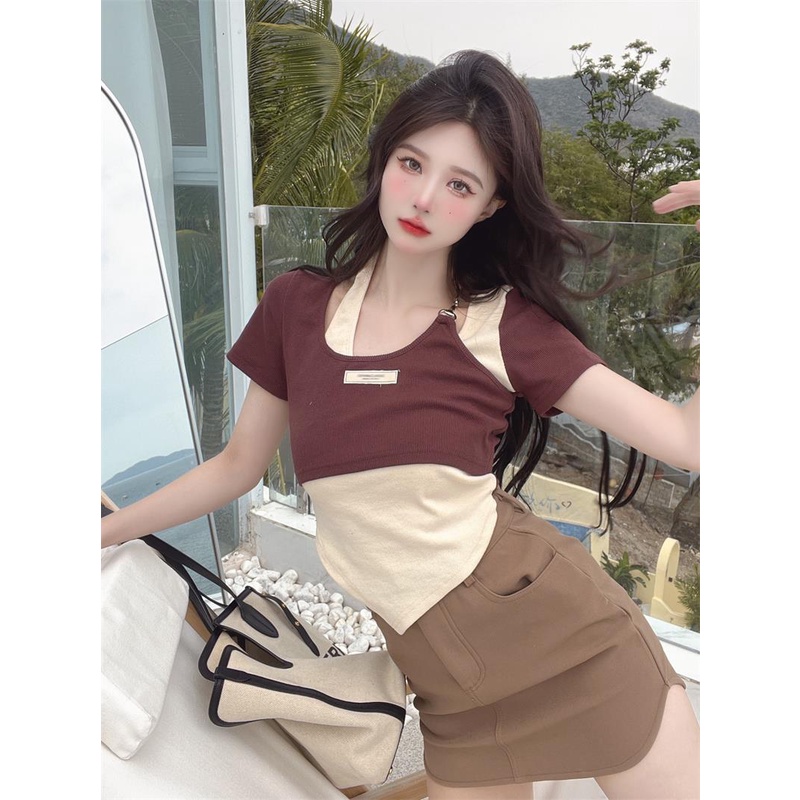 Áo sweater Giả Hai Lớp Dáng Ngắn Phối Khóa Kéo Thời Trang Cho Nữ