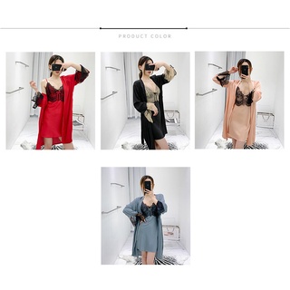 Set Đồ ngủ Lụa 2 dây kèm Áo choàng lụa Ren viền V