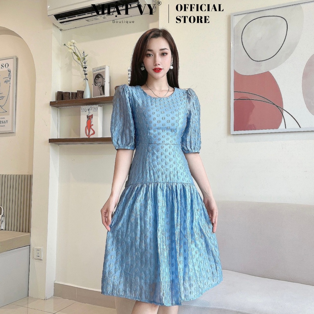 Đầm dự tiệc Nhật Vy cổ tròn tay phồng chiết eo đuôi cá chất tơ thêu Váy dáng xoè phù hợp đi chơi , dạo phối- D2483