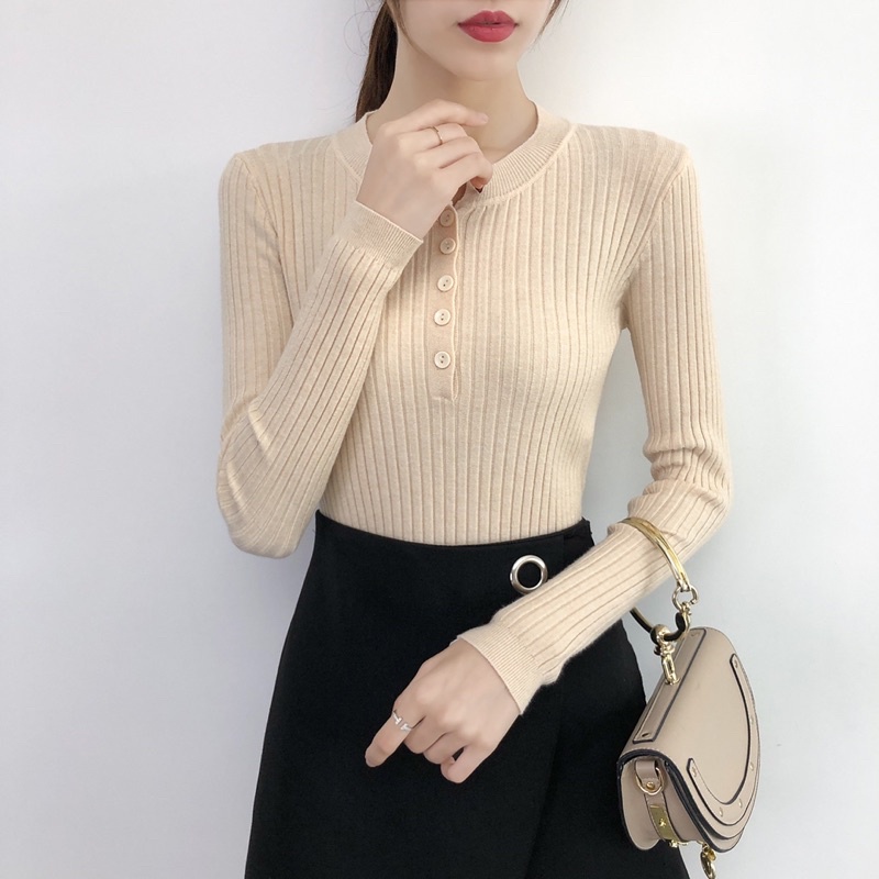 Áo len dài tay cổ tròn mềm mịn phối cúc Áo len dệt kim Quảng Châu cao cấp