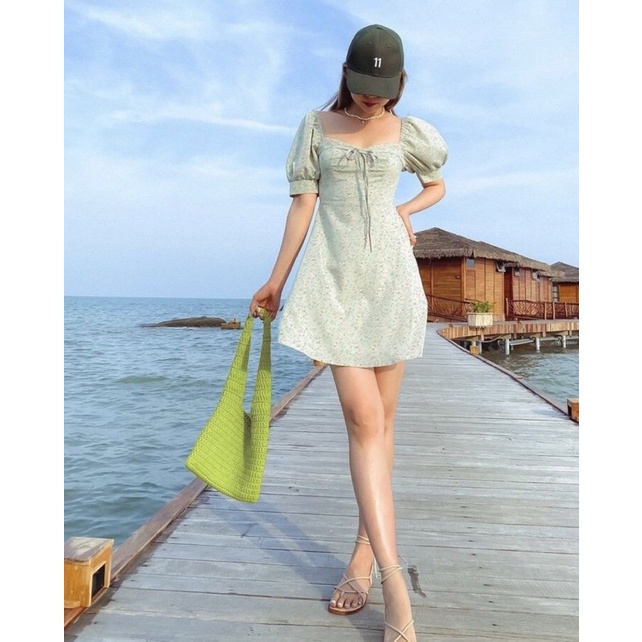 ĐẦM VÁY XANH HOA NHÍ CÓ MÚT ĐỆM 2 LỚP