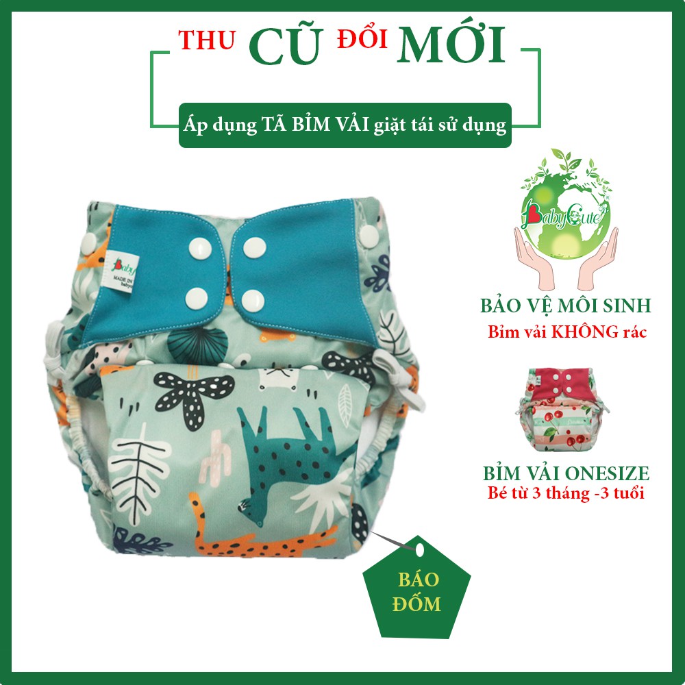 [MẪU MỚI] Bỉm tã vải BabyCute Onesize Siêu chống tràn (1 vỏ + 1 lót) tăng giảm CÚC bấm cho bé từ 5-25kg, mặc ngày và đêm