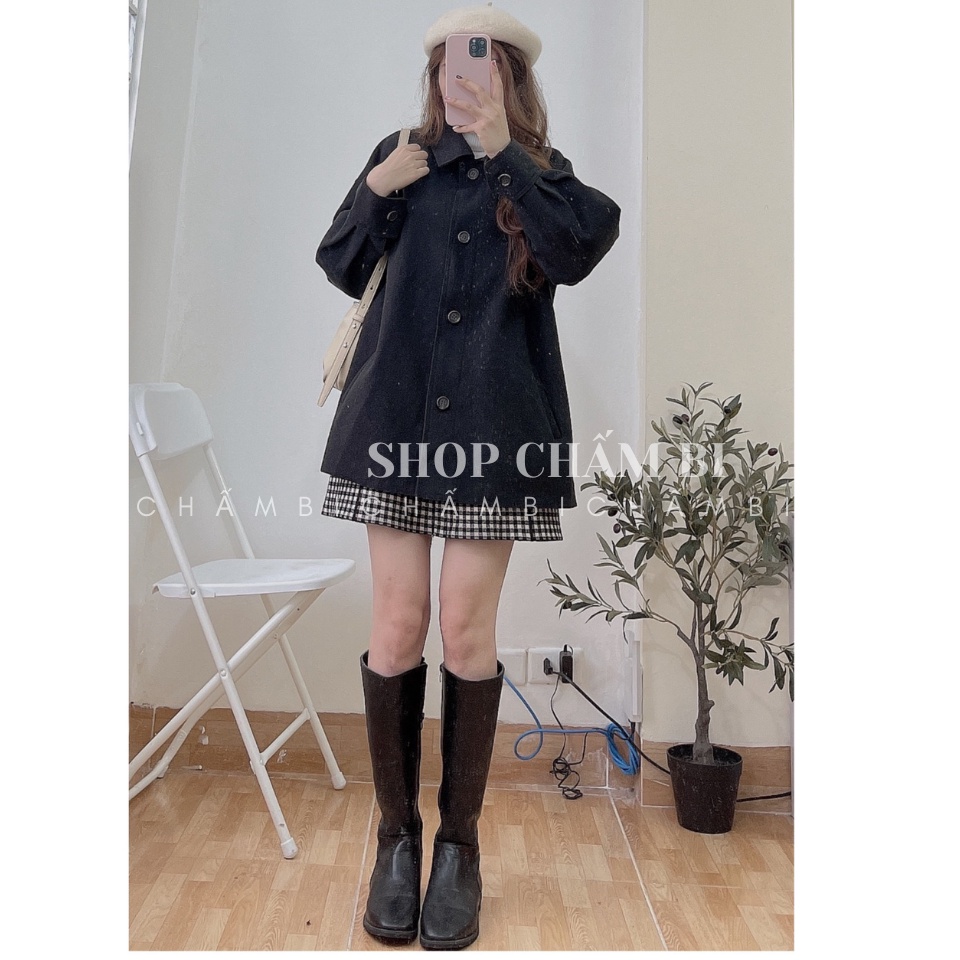 Áo khoác nữ A.275, Áo khoác dạ ép cổ đức 1 lớp túi chéo tay bồng cài cúc 2 màu be, đen cực xinh
