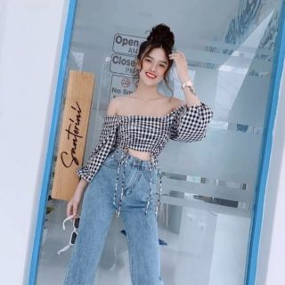 Áo kiểu sọc caro dây rút hai bên hông form 50 kg trở lại