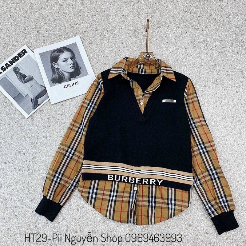 Áo kiểu sơ mi kẻ bur mix ghi lê cổ tim