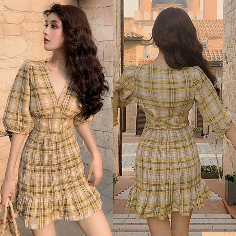 Đầm tay phồng cổ chữ V họa tiết sọc caro phong cách Hàn Quốc cổ điển thời trang quyến rũ cho nữ