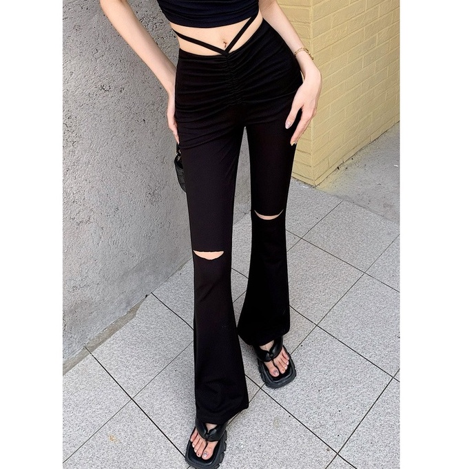 Quần Ôm Loe Cắt Gối Dây Đan Chéo Eo LSEOUL Q0211 Chất Cotton Dày Dặn Thoáng Mát Tôn Dáng