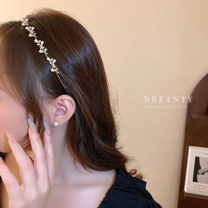Băng Đô Cài Tóc Hình Lá Đính Ngọc Trai Phong Cách Hàn Quốc Cổ Điển Thời Trang Mới