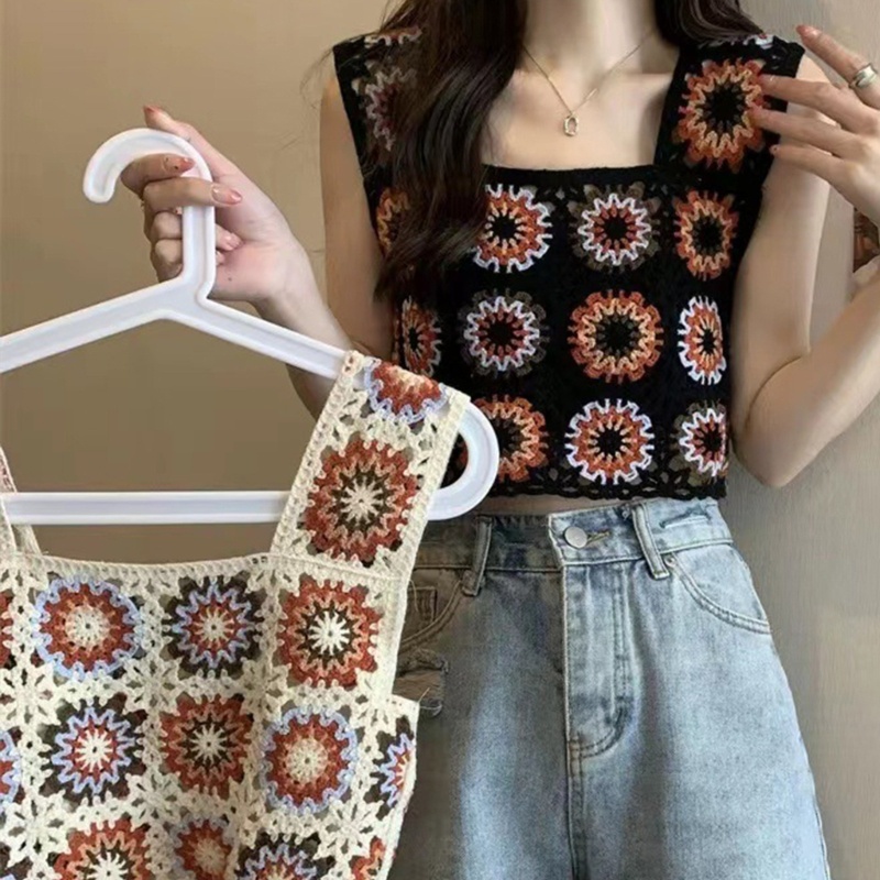 Áo Croptop Dệt Kim Hai Dây Dáng Rộng Họa Tiết Hình Học Nhiều Màu Sắc Cho Nữ