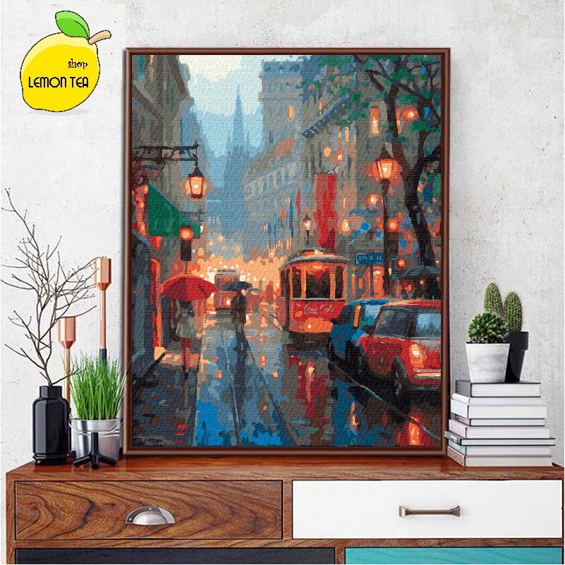 TRANH TÔ MÀU SỐ HÓA LEMON TEA SHOP " PHỐ ĐÊM BUỒN" KHỔ 40X50