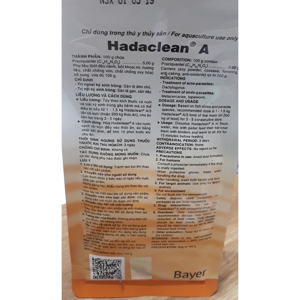Xổ ký sinh trùng - Hadaclean A 100g