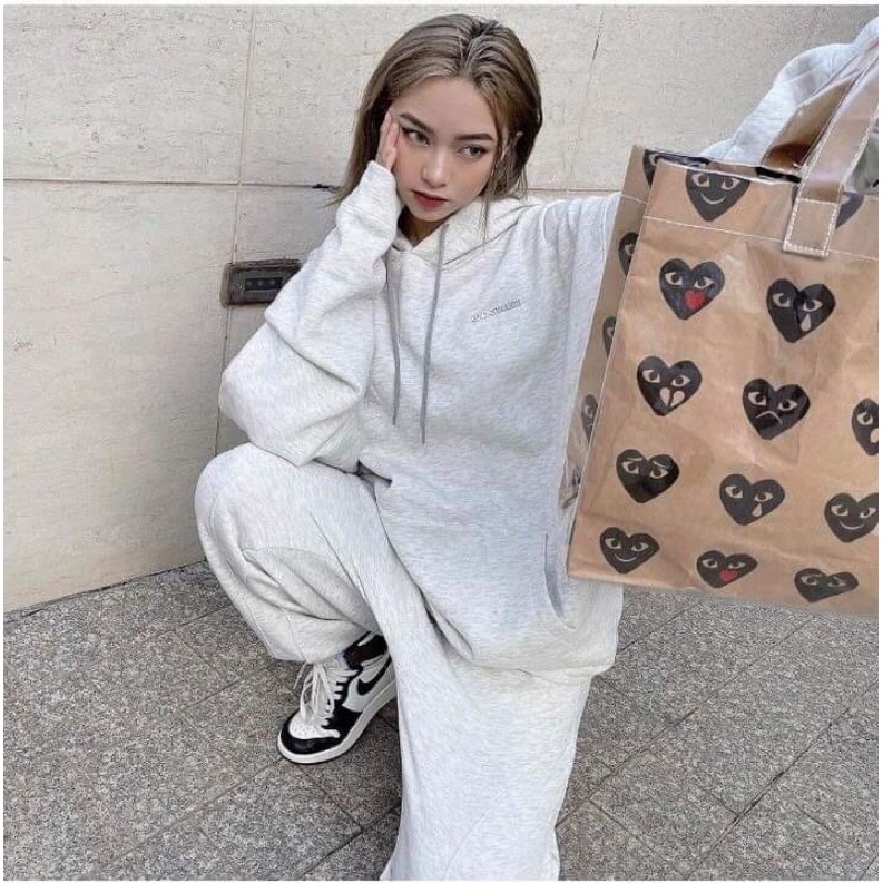 CẢ SET ÁO HOODIE NỈ + QUẦN JOGGER XÁM CHỮ NHỎ FORM RỘNG UNISEX | WebRaoVat - webraovat.net.vn