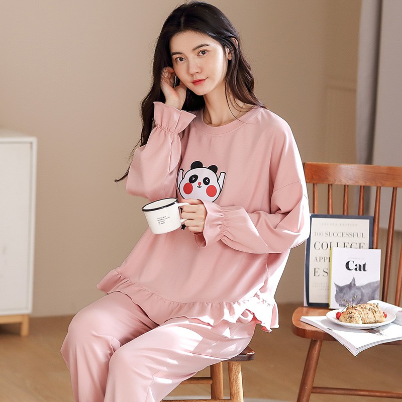 Bộ Đồ Ngủ Pijama Dài Tay In Hình Gấu Dễ Thương Phong Cách Hàn Quốc Cho Nữ