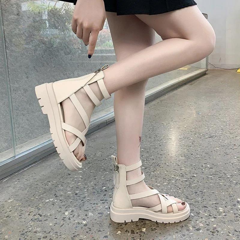 Giày Sandal Da Mềm Khoét Lỗ Hở Ngón Phối Khóa Kéo Thời Trang Đi Biển Mùa Hè Hàn Quốc 2022 Cho Nữ