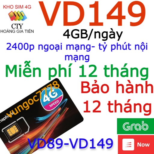 [ MIỄN PHÍ 1 NĂM] SIM 4G VINA VD149 KM 120GB/T= 4GB/NGÀY XÀI NGUYÊN 1 NĂM KHÔNG PHẢI NẠP TIỀN DUY TRÌ