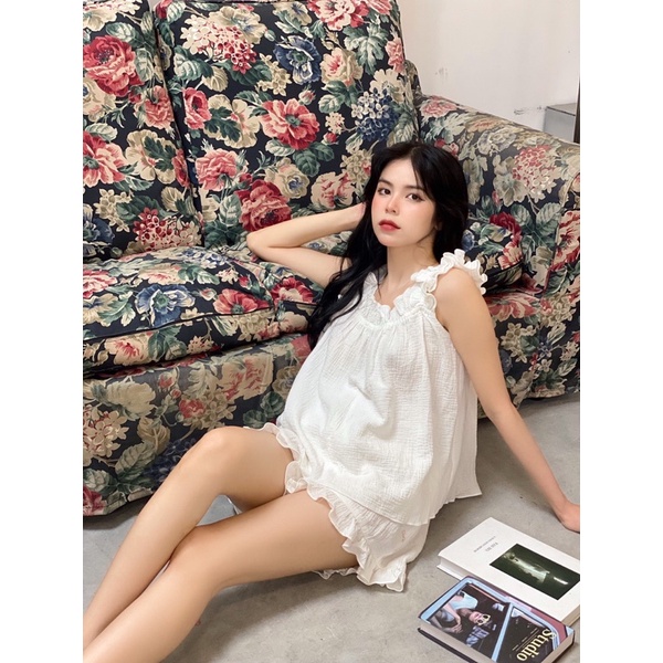 Set bộ tiểu thư đáng yêu chất Muslin cao cấp 2 màu trắng vàng