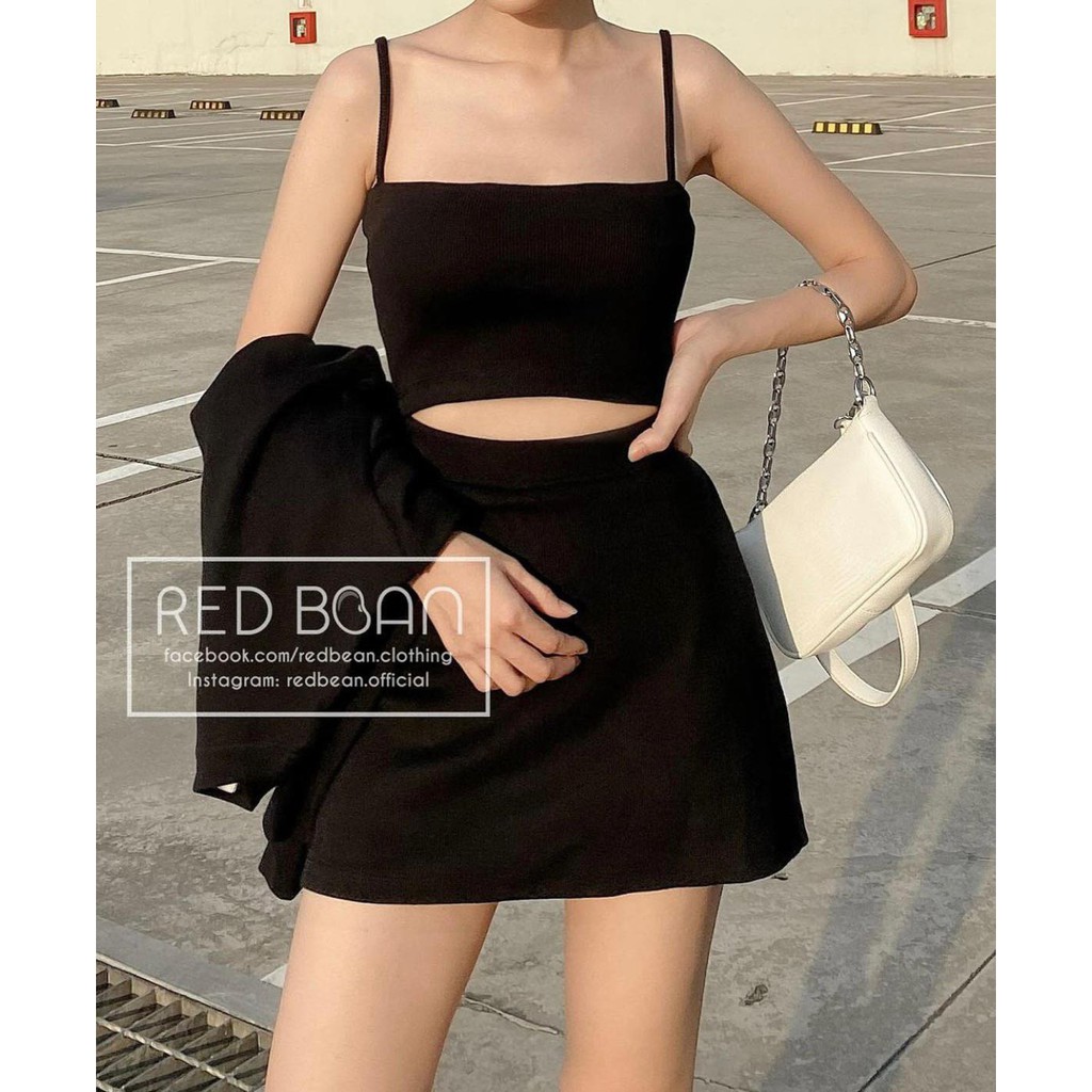Set áo đen croptop 2 dây kèm khoác và chân váy