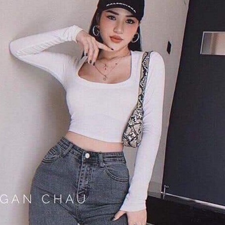 Áo kiểu tay dài croptop ôm dáng cổ vuông chất bozip đẹp xinh