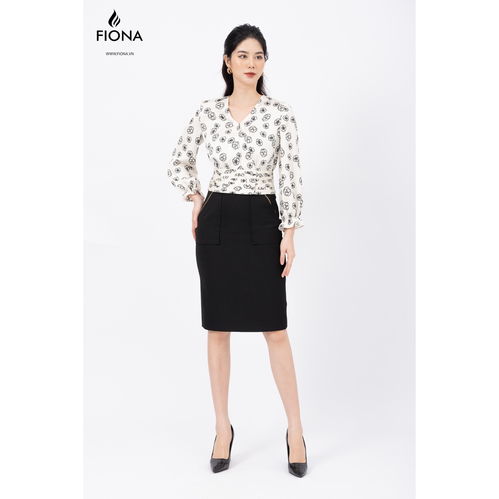 Áo sơ mi hoa không cổ tay lỡ đai xếp nếp FIONA F551359