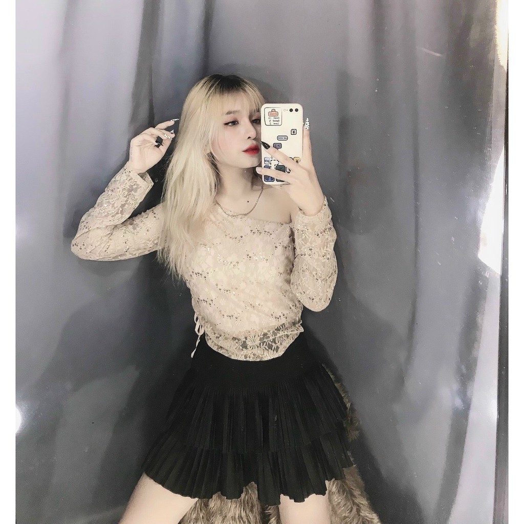 áo kiểu ren trễ vai rút dây bên dễ thương siêu xinh ảnh thật