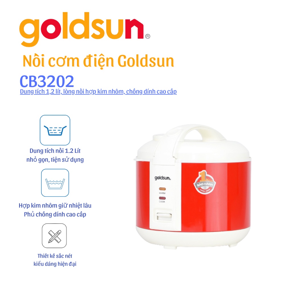 [Mã ELHADEV giảm 4% đơn 300K] Nồi cơm điện Goldsun CB3202 - 1,2 lít - Công suất 500W