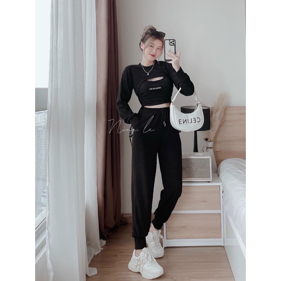 Sét bộ nữ 3 món phong cách thể thao nữ áo croptop rút dây mĩ áo tay dài khoét ngực kèm quần dài bo chun xinh xắn