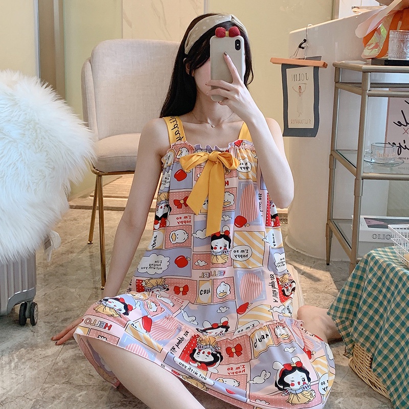 Váy Ngủ Nữ Hai Dây Dáng Suông Qua Gối, Đầm Ngủ Thun Cotton Phối Nơ Latozia BDN19