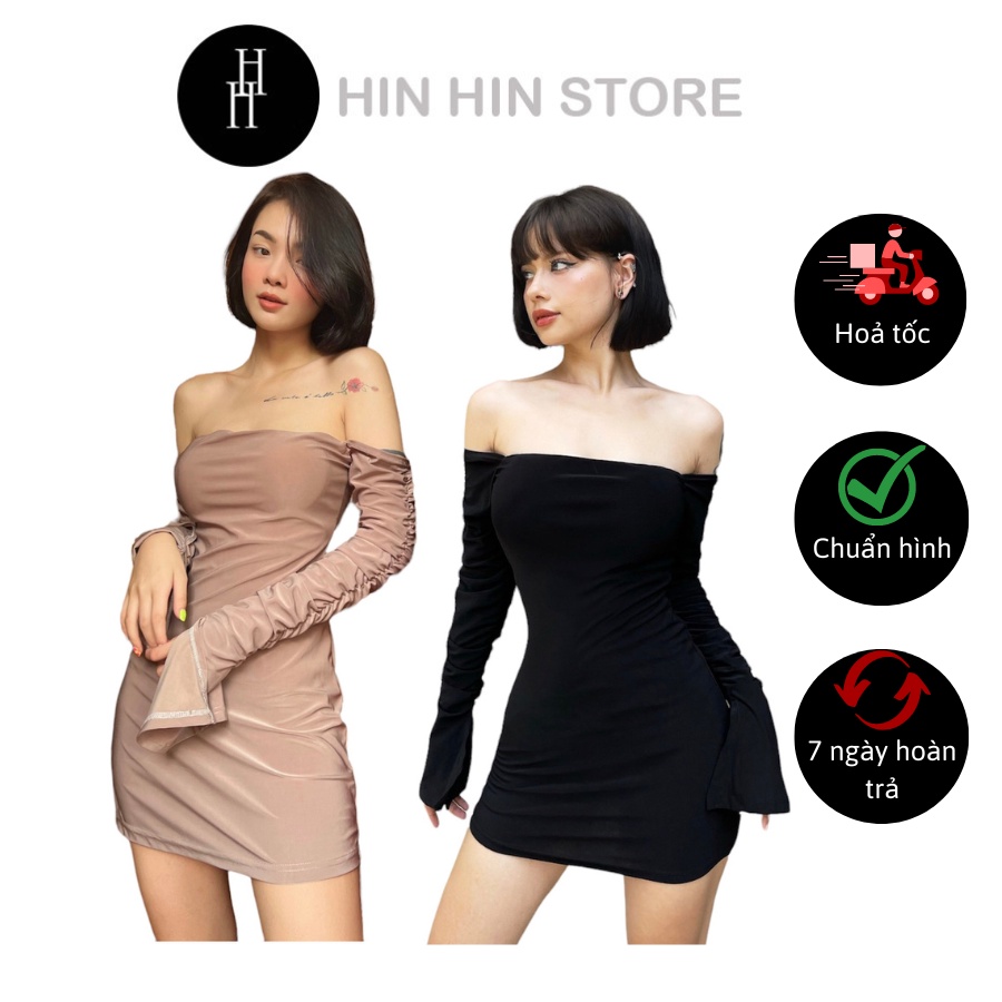 Đầm trễ vai tay dài màu nude & đen váy body hở vai HDT275 Hỉn Hỉn Store