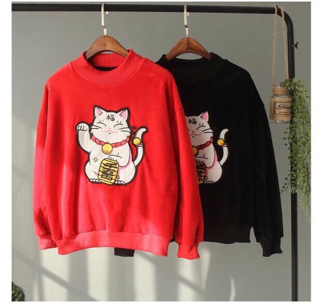 [Ảnh thật lên sóng] Áo sweater hàng loại 1 mèo may mắn Maneki Neko- Có 2 màu | BigBuy360 - bigbuy360.vn