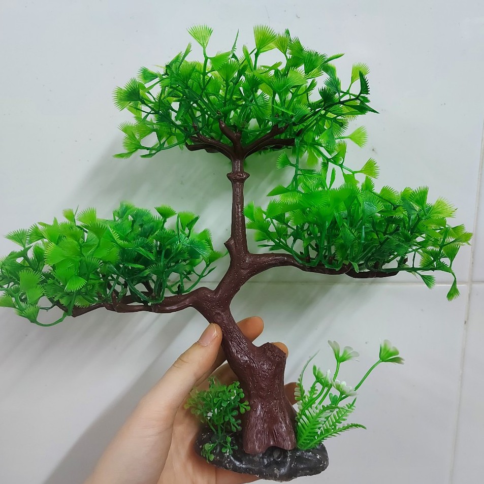 Cây nhựa trang trí bể cá: mẫu bonsai 3 tán