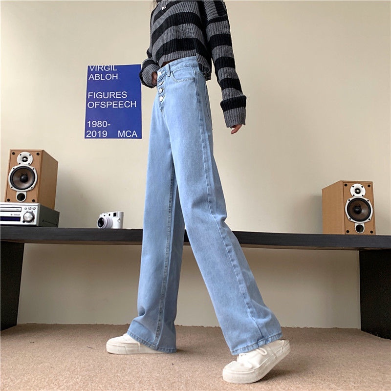 IELGY Quần denim Lưng Cao Dáng Rộng Màu Xanh Dương Phong Cách Hàn Quốc Thời Trang Cho Nữ