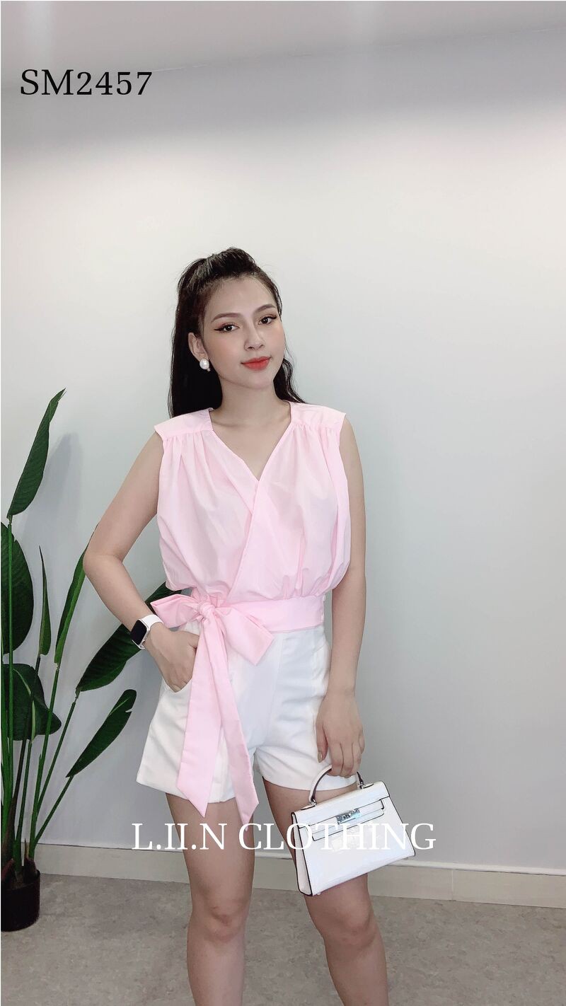 Áo kiểu nữ cộc tay Linbi chất liệu lụa thoáng mát, màu hồng ,cổ V thắt eo Liin clothing SM2457