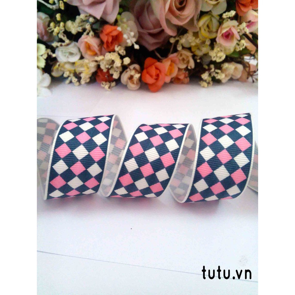 RUY BĂNG GÂN 25MM HỌA TIẾT KẺ CARO BÀN CỜ HT25-020 RUY BĂNG DIY HANDMADE LÀM NƠ BỜM KẸP TÓC