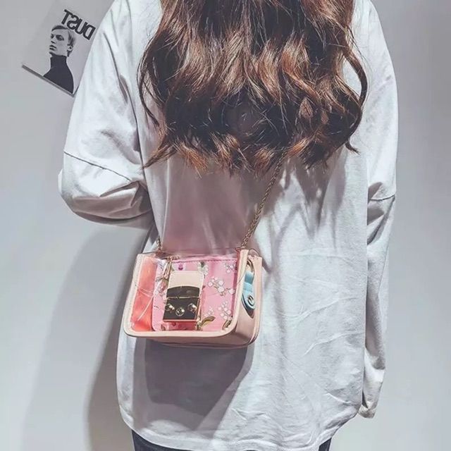 Túi xách nữ kiêm túi đeo chéo trong suốt 1 quai dây xích mảnh tặng 1 ví nhỏ họa tiết bên trong sinh nhật - cheo TL0077