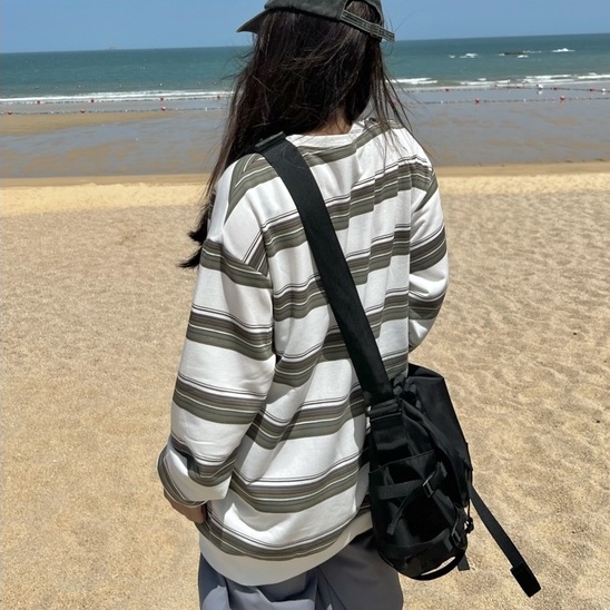 ZHELIHANGFEI Áo Thun Tay Dài Họa Tiết Sọc Theo Phong Cách Retro Mỹ