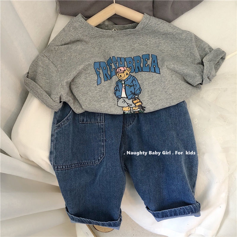 MNGRL Áo Thun Tay Ngắn Cotton In Thoải Mái Mềm Mát Hàn Quốc Mùa Hè Cho Bé Trai