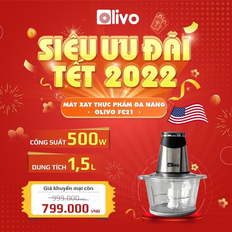 Máy Xay Thực Phẩm Đa Năng OLIVO FC21 [Chính Hãng - BH 24 Tháng] Dung Tích 2.1L - Công Suất 500W - Thương Hiệu Mỹ