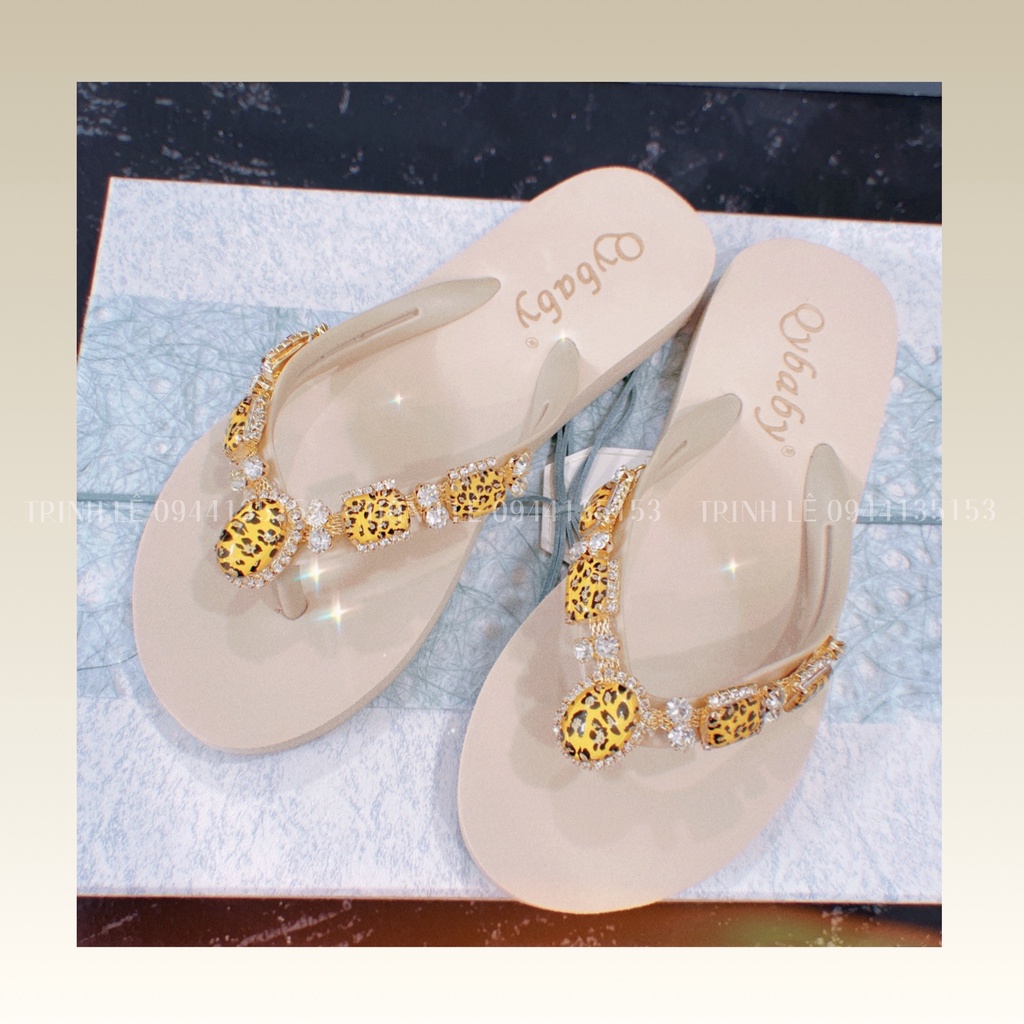 Dép kẹp, dép xỏ ngón, tông nữ đính đá Quảng Châu Qybaby 003 đen/kem - TRINH LÊ SHOP
