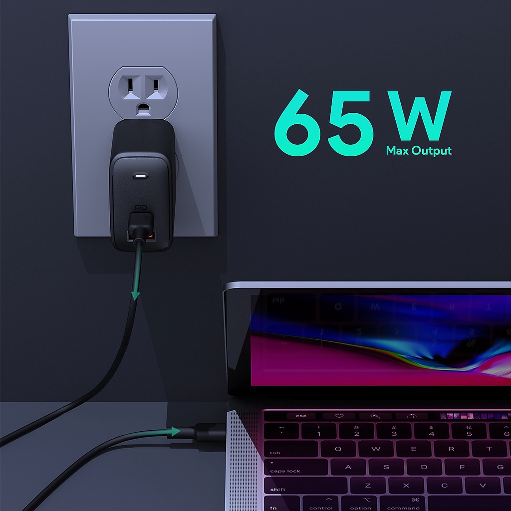 Củ Sạc Nhanh Aukey 65W OMNIA 2 Cổng PA-B3 - Hàng Chính Hãng, 1 cổng Usb, 1 cổng type C, chân gập tiện lợi