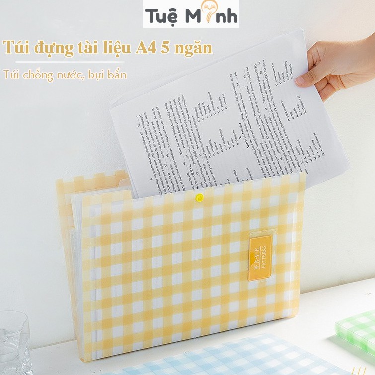 Túi đựng tài liệu A4 5 ngăn hình caro K34, file kẹp sách vở chống nước nhiều màu